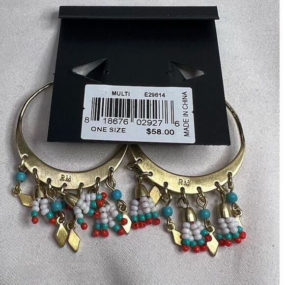 Rebecca Minkoff Gold Dangle Hoop Earrings Lightweight Hook Closure Beaded - Picture 2 of 3